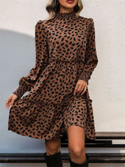 Frill Printed Mock Neck Long Sleeve Mini Dress - Trendsi