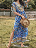 Slit Printed V-Neck Half Sleeve Maxi Dress - Trendsi - Flyclothing LLC