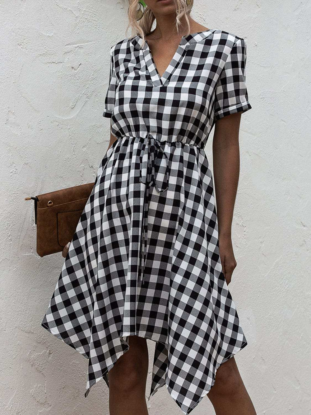 Plaid Notched Short Sleeve Dress - Trendsi - Flyclothing LLC