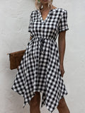 Plaid Notched Short Sleeve Dress - Trendsi