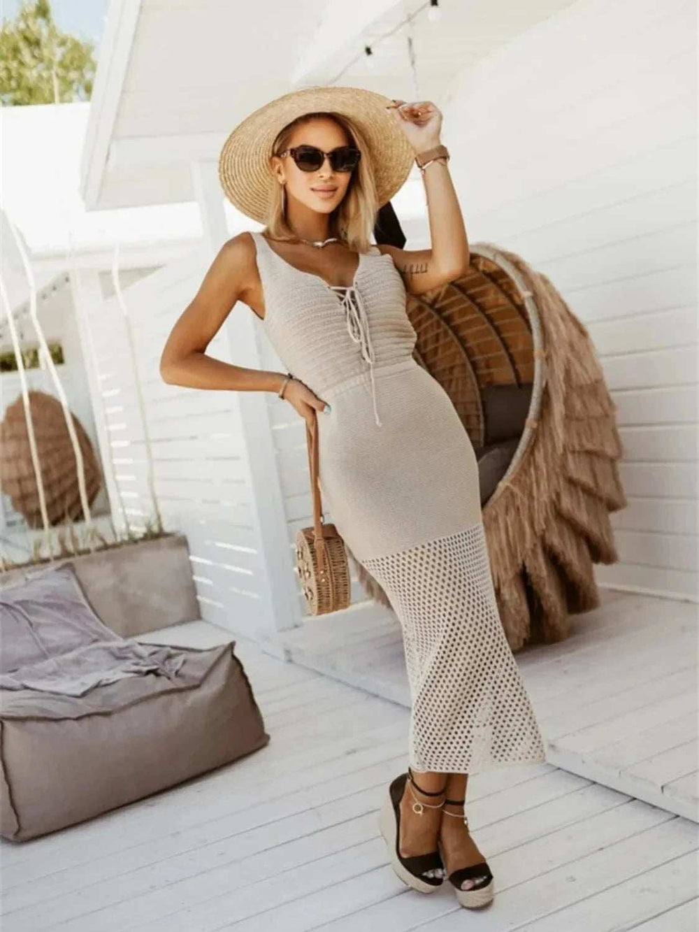 Lace Up Sleeveless Sweater Dress - Trendsi - Flyclothing LLC
