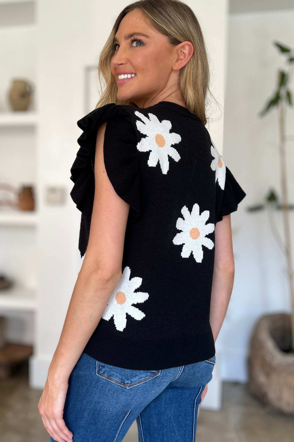 Double Take Full Size Ruffled Flower Round Neck Cap Sleeve Sweater - Trendsi - Flyclothing LLC