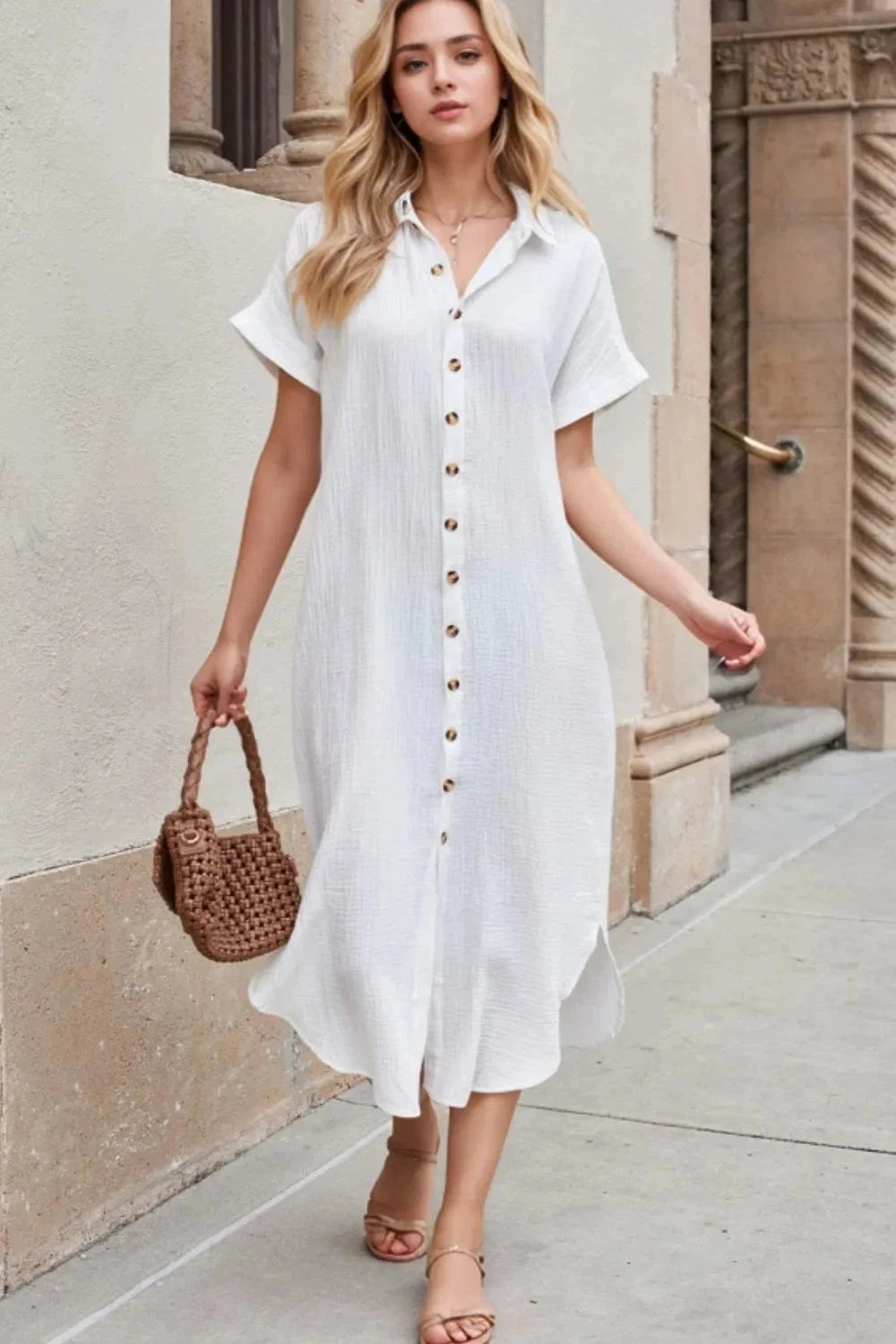 Button Down Short Sleeve Midi Shirt Dress - Trendsi