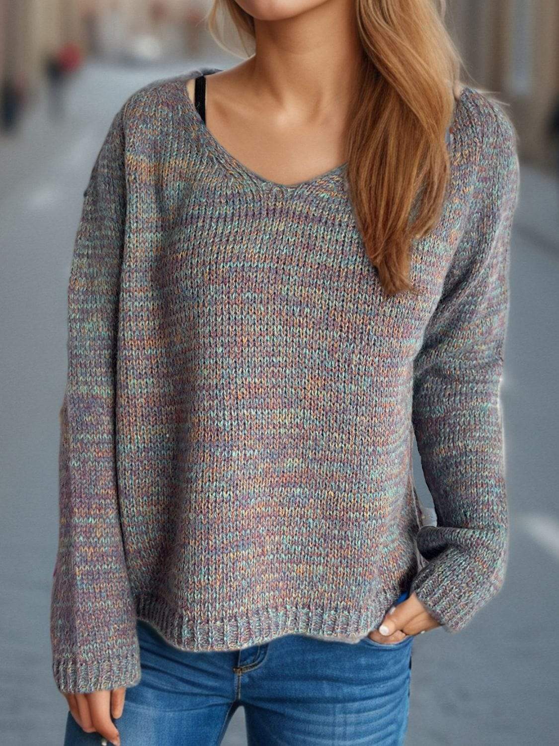 Heathered V-Neck Long Sleeve Sweater - Trendsi - Flyclothing LLC