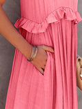 Ruffled Sleeveless Tiered Maxi Dress with Pockets - Trendsi