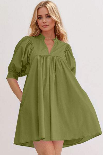 Oh Frill Notched Puff Sleeve Babydoll Mini Dress - Trendsi - Flyclothing LLC