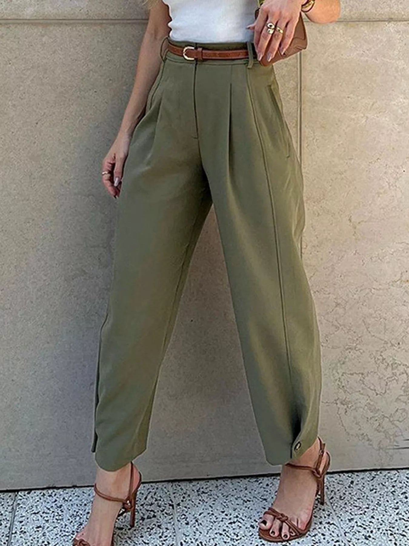 High-Waisted Pleated Pants - Trendsi - Flyclothing LLC