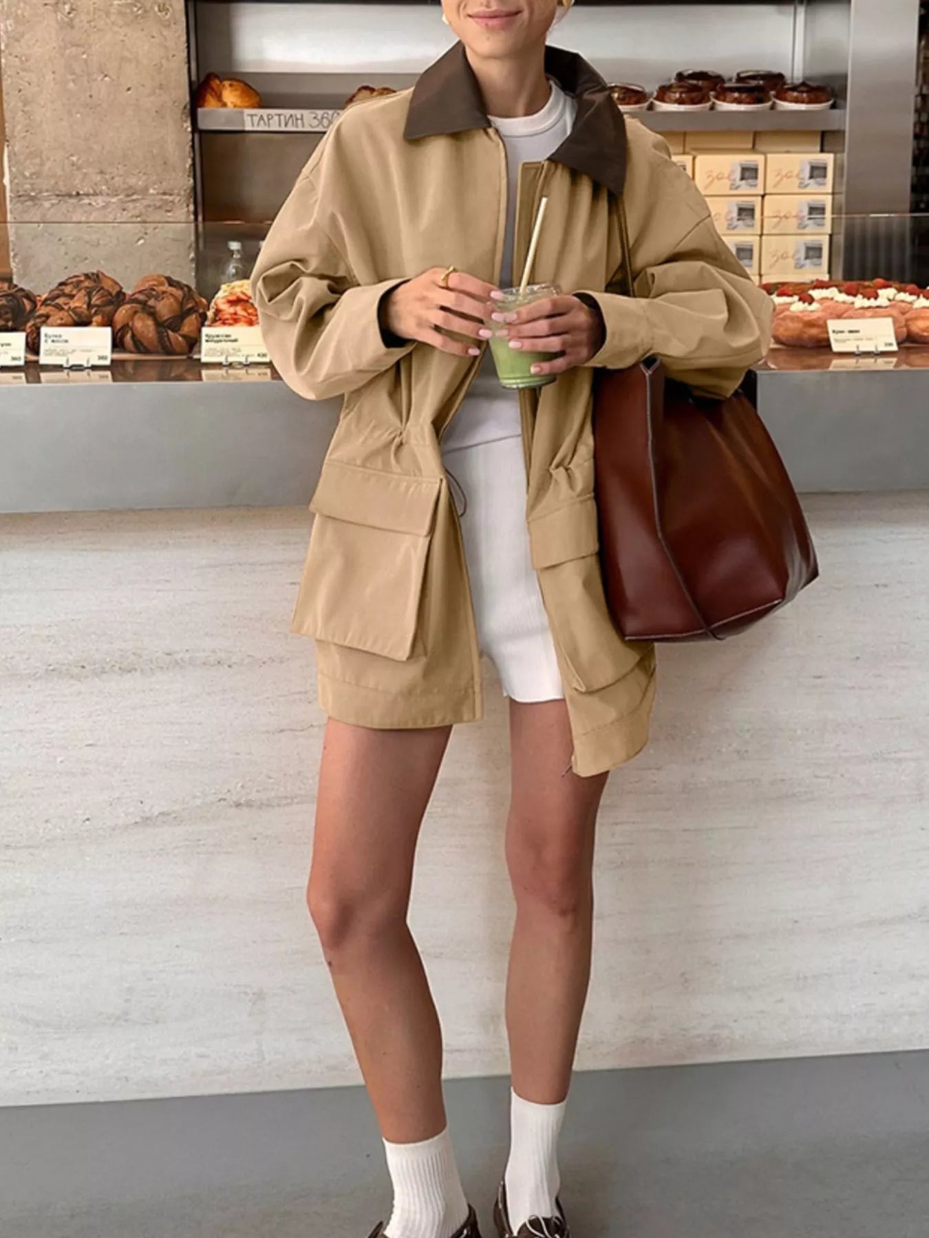 Oversized Contrast Collar Jacket with Drawstring Waist - Trendsi - Flyclothing LLC
