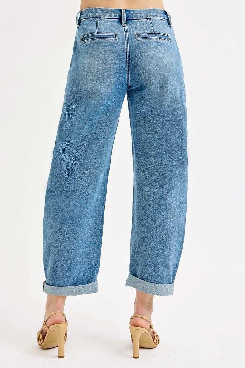 RISEN Full Size Mid Rise Fit Barrel Roll Up Jeans Plus Size - Trendsi - Flyclothing LLC