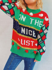 Pom-Pom Contrast Round Neck Long Sleeve Sweater - Trendsi
