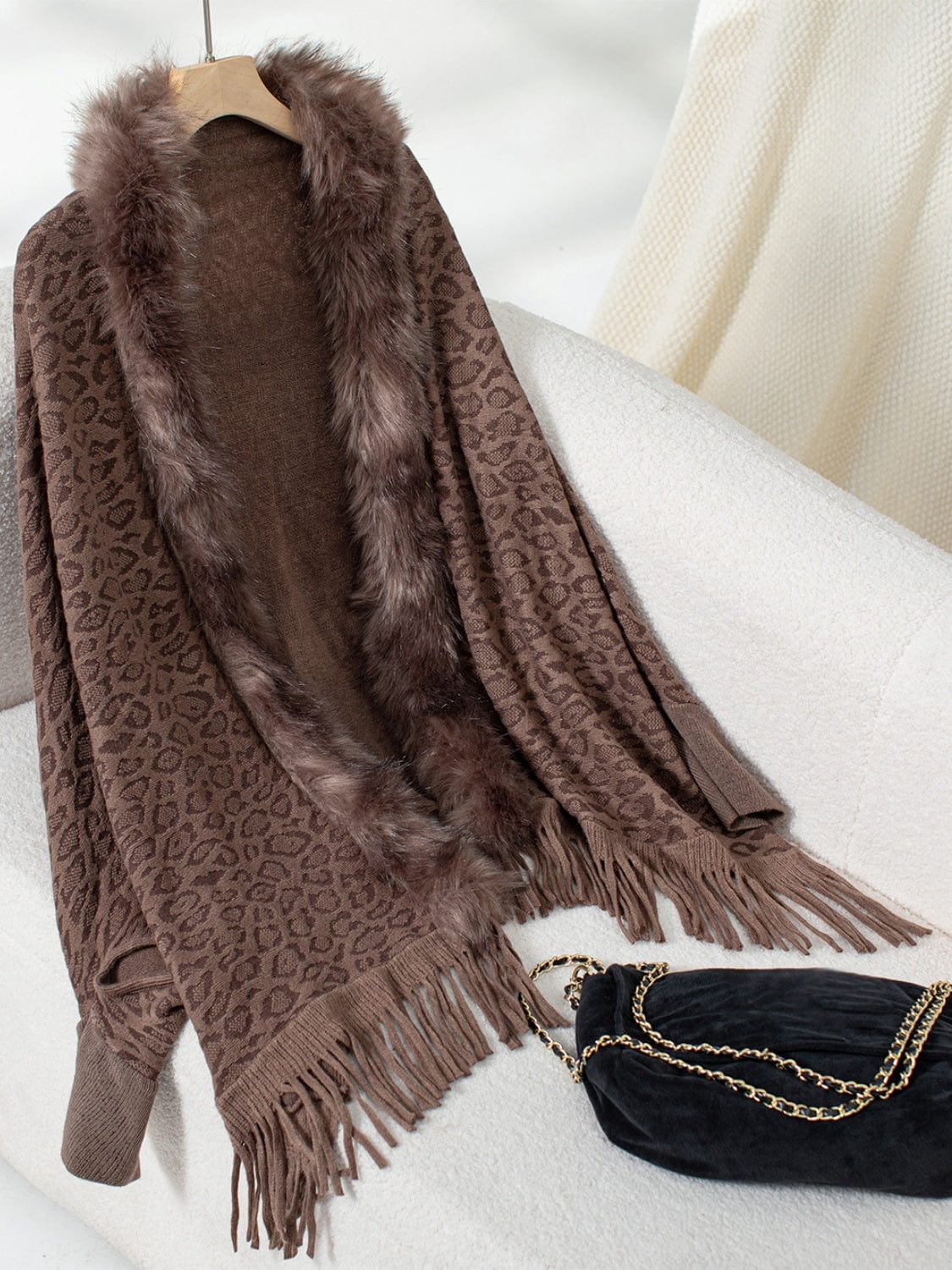 Fringe Leopard Open Front Long Sleeve Poncho - Trendsi