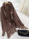 Fringe Leopard Open Front Long Sleeve Poncho - Trendsi