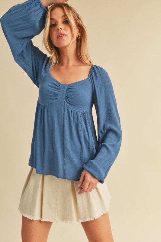 Aemi + Co Ruched Sweetheart Neck Balloon Sleeve Blouse - Trendsi - Flyclothing LLC