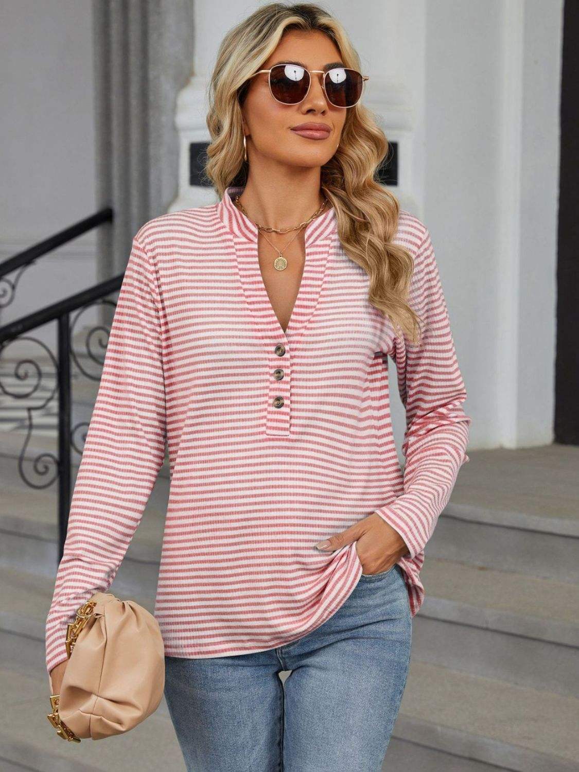Striped Notched Long Sleeve T-Shirt - Trendsi - Flyclothing LLC