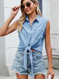 Collared Neck Sleeveless Denim Top - Trendsi