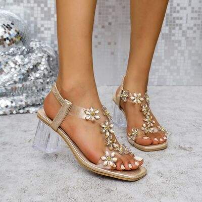 Flower Square Toe Block Heel Sandals - Trendsi - Flyclothing LLC
