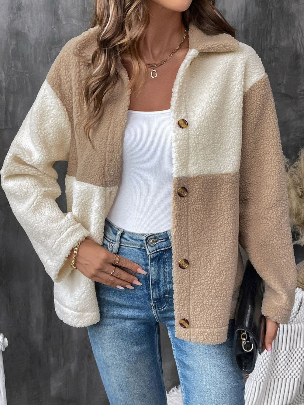 Perfee Color Block Collared Neck Long Sleeve Jacket - Trendsi