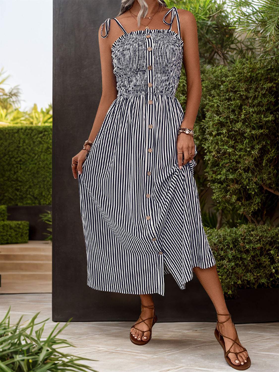 Tied Smocked Striped Sleeveless Midi Dress - Trendsi - Flyclothing LLC