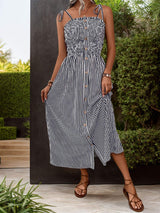 Tied Smocked Striped Sleeveless Midi Dress - Trendsi - Flyclothing LLC
