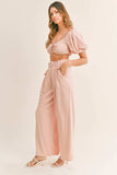 MABLE Cut Out Drawstring Crop Top and Belted Pants Set - Trendsi - Flyclothing LLC