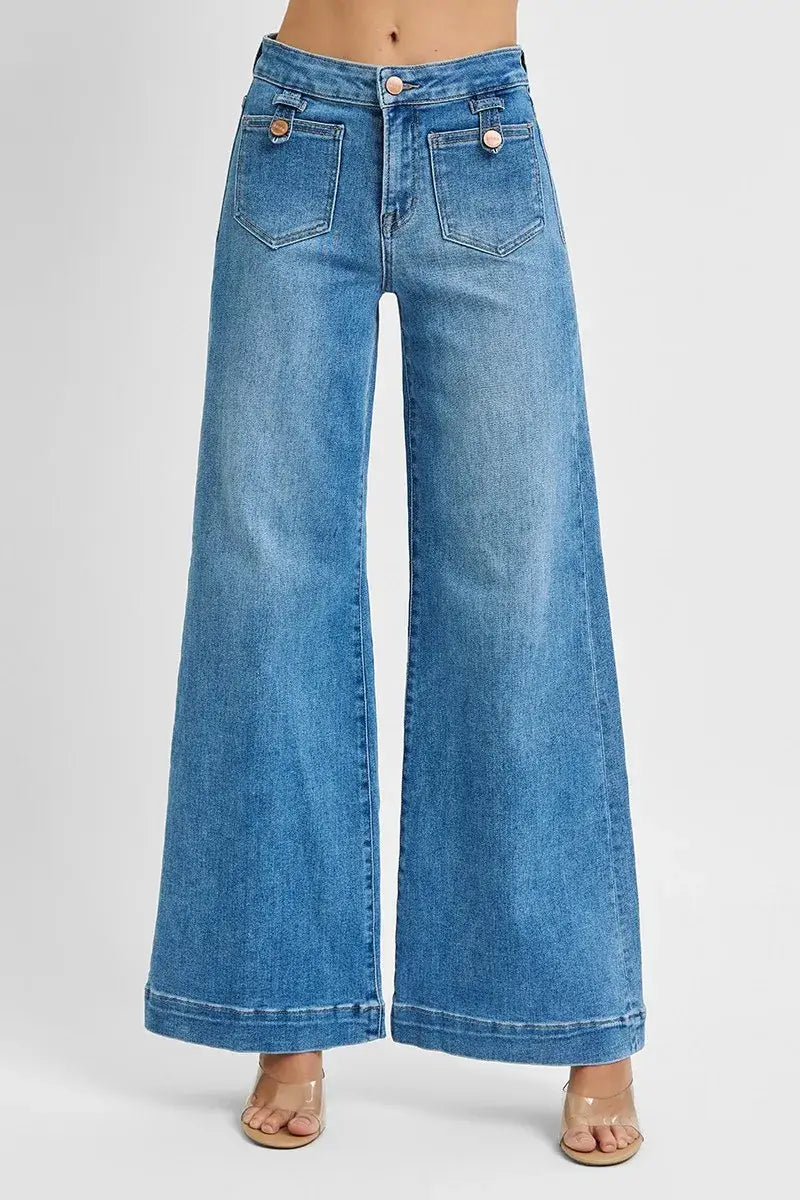 RISEN Full Size Mid Rise Wide Front Patch Pocket Jeans Plus Size - Trendsi - Flyclothing LLC