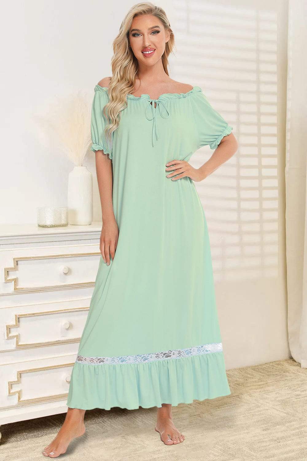 Lace Detail Short Sleeve Lounge Dress - Trendsi - Flyclothing LLC