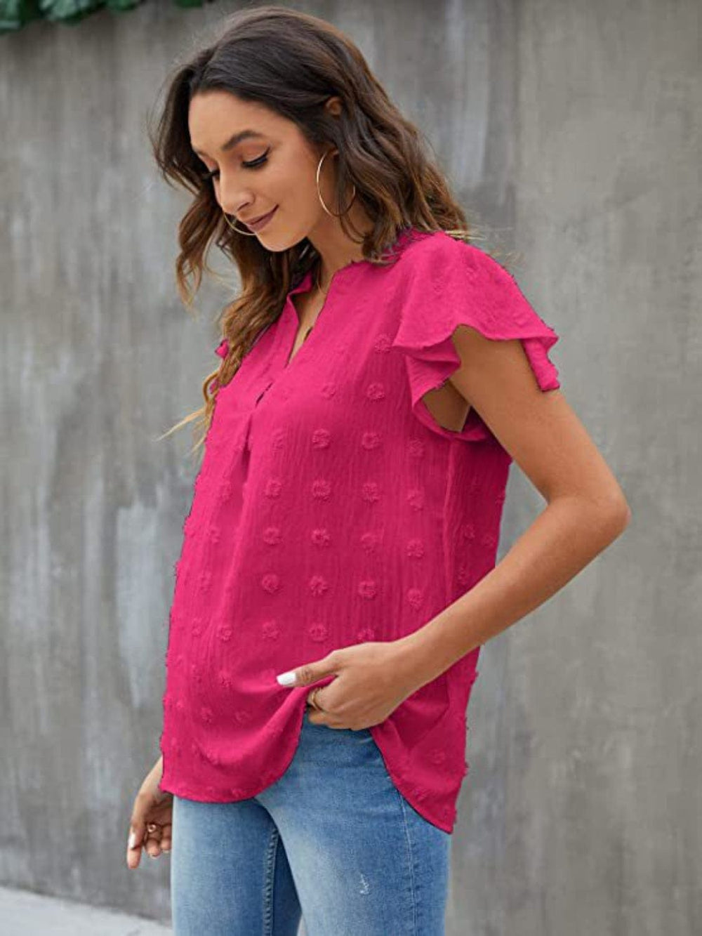 Swiss Dot Notched Cap Sleeve Blouse - Trendsi