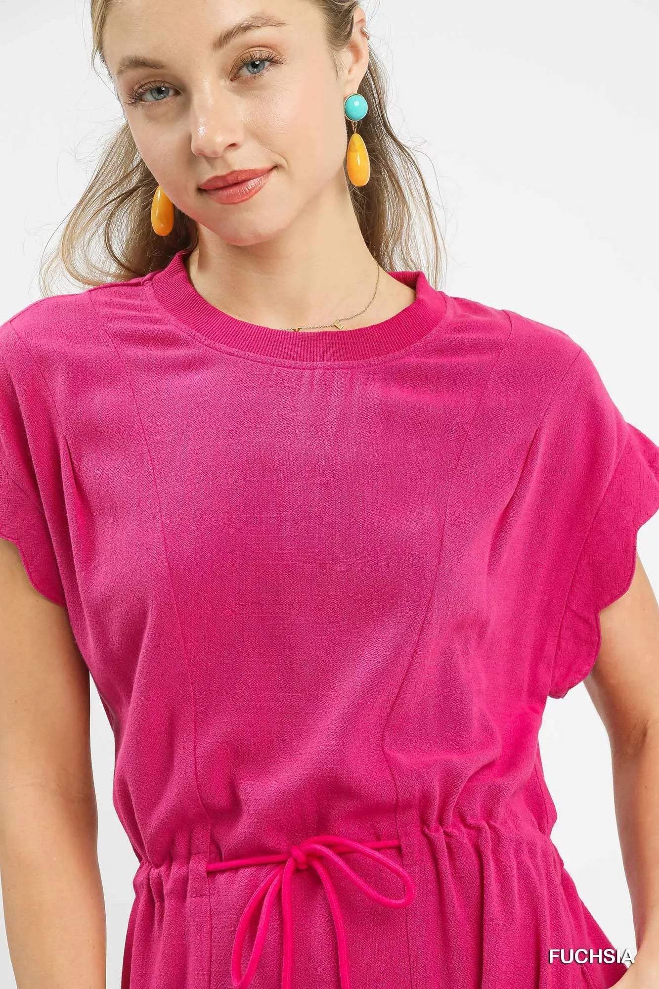 Umgee Linen Blend Scallop Hem Mini Dress - Trendsi - Flyclothing LLC