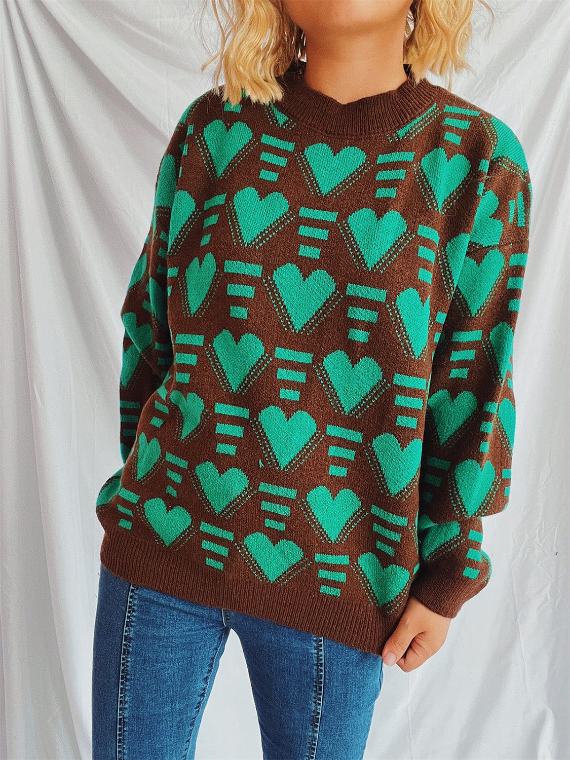 Heart Contrast Long Sleeve Dropped Shoulder Sweater - Trendsi