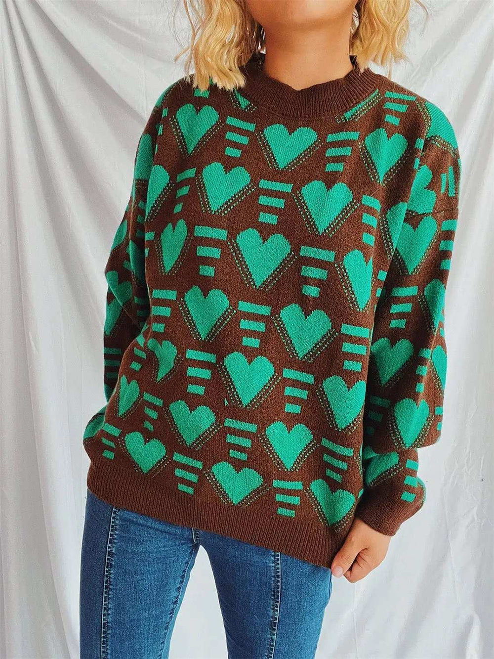Heart Contrast Long Sleeve Dropped Shoulder Sweater - Trendsi - Flyclothing LLC