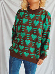 Heart Contrast Long Sleeve Dropped Shoulder Sweater - Trendsi