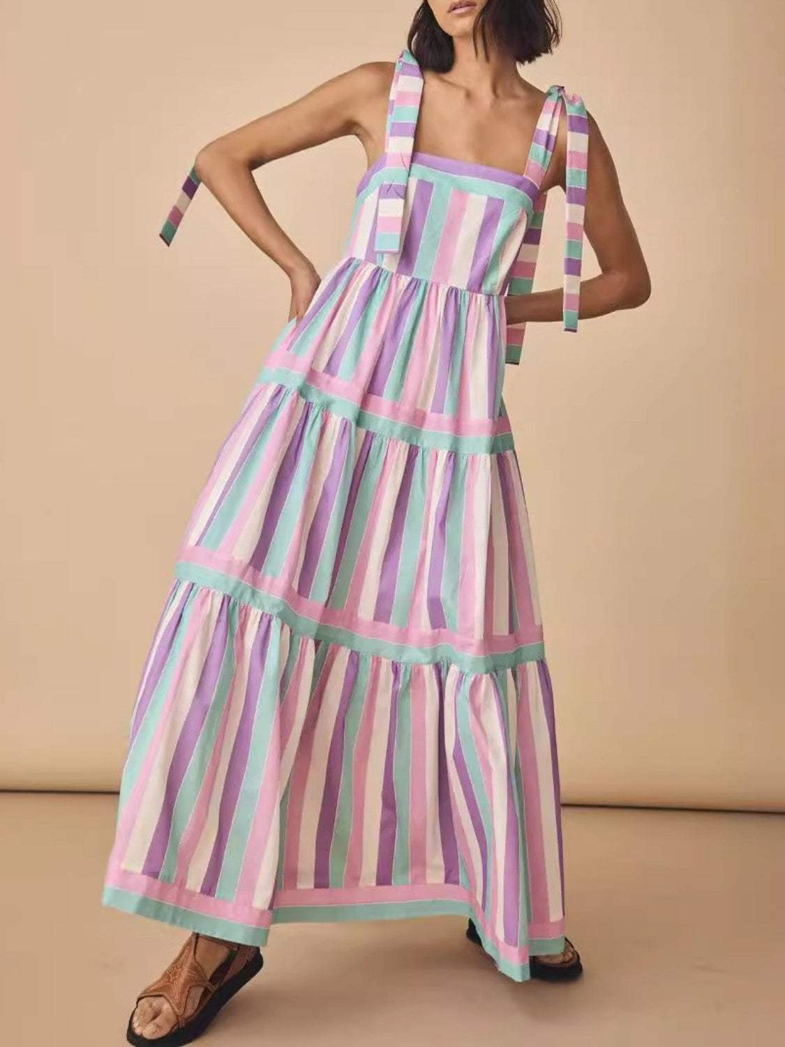 Tied Contrast Wide Strap Cami Dress - Trendsi - Flyclothing LLC