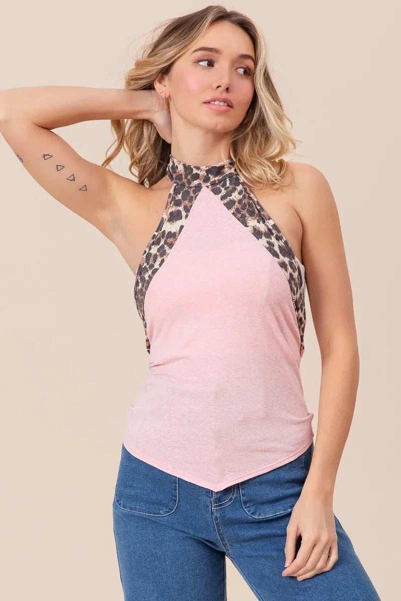 BiBi Triblend Leopard Halter Neck Tied Detailed Top - Trendsi - Flyclothing LLC