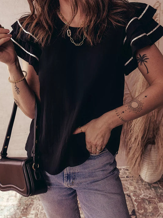 Contrast Trim Dual Ruffle Short Sleeve Textured Blouse - Trendsi - Flyclothing LLC