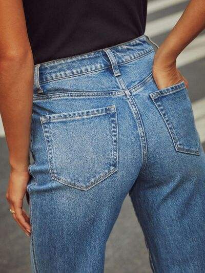 High Waisted Straight Leg Rolled Jeans - Trendsi - Flyclothing LLC