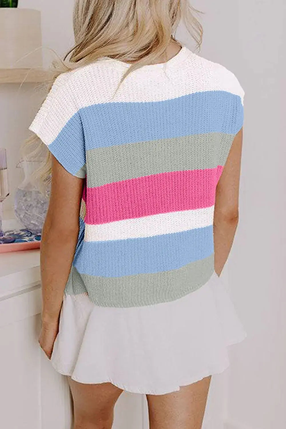 Color Block Notched Cap Sleeve Knit Top - Trendsi - Flyclothing LLC