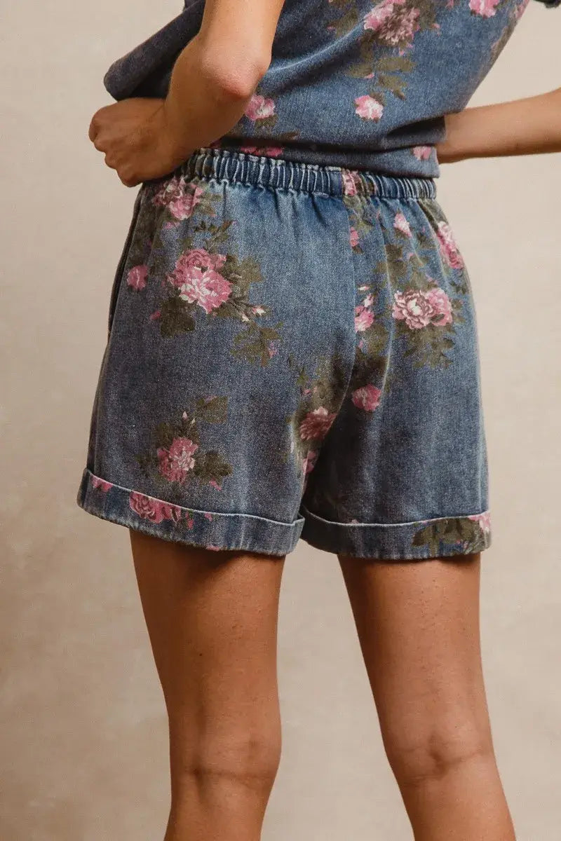 BiBi Floral Printed Denim Short Pants With Pocket - Trendsi - Flyclothing LLC