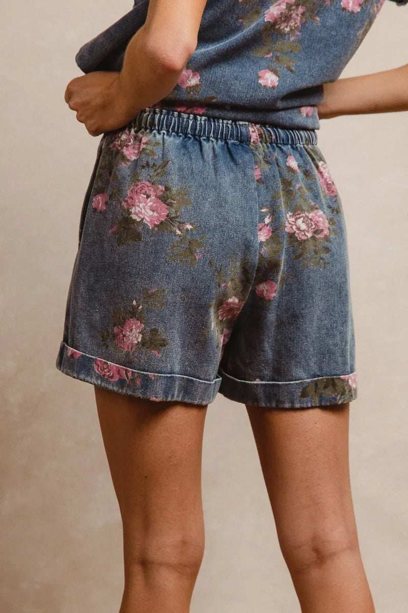 BiBi Floral Printed Denim Short Pants With Pocket - Trendsi - Flyclothing LLC
