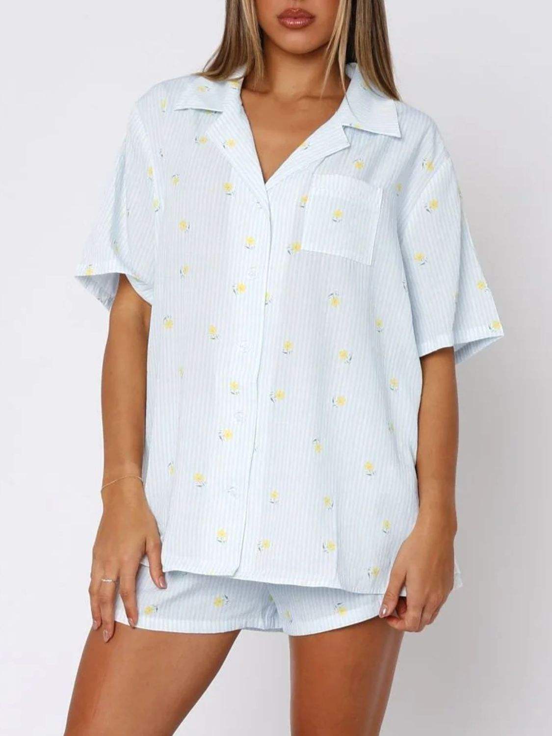 Valentine's Day Printed Collared Neck Short Sleeve Top and Shorts Set - Trendsi - Flyclothing LLC