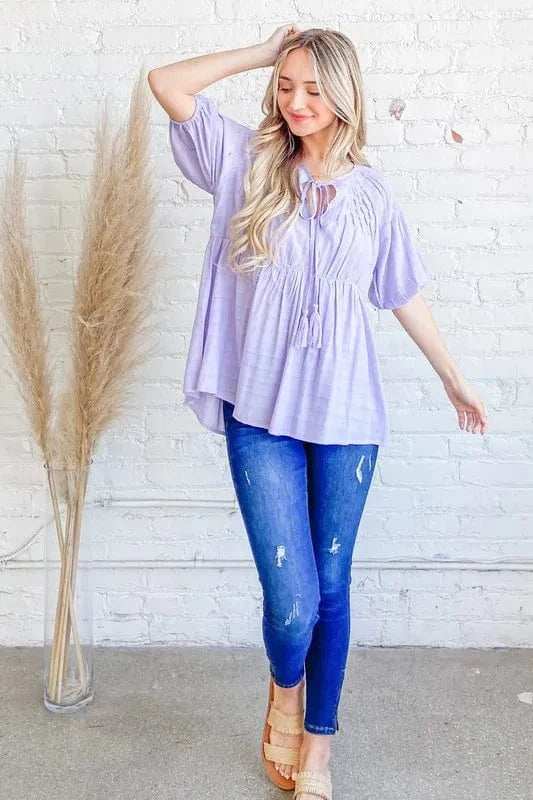 And The Why Textured Pintuck Blouse Top with Tassels - Trendsi - Flyclothing LLC