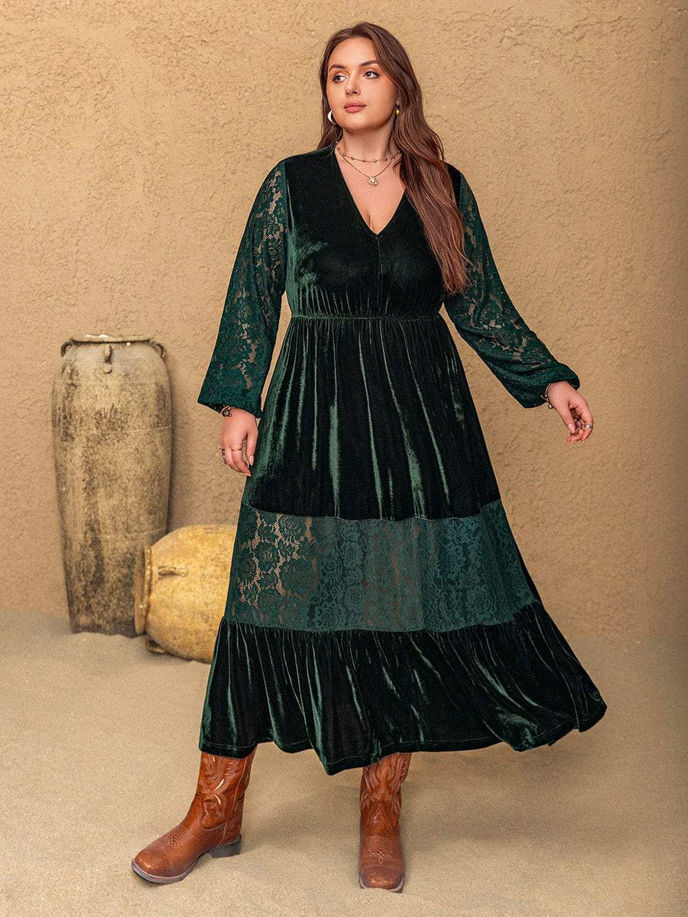 Plus Size Lace Patchwork V-Neck Balloon Sleeve Midi Dress - Trendsi - Flyclothing LLC