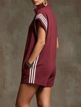 Striped Zip Front Short Sleeve Romper - Trendsi - Flyclothing LLC