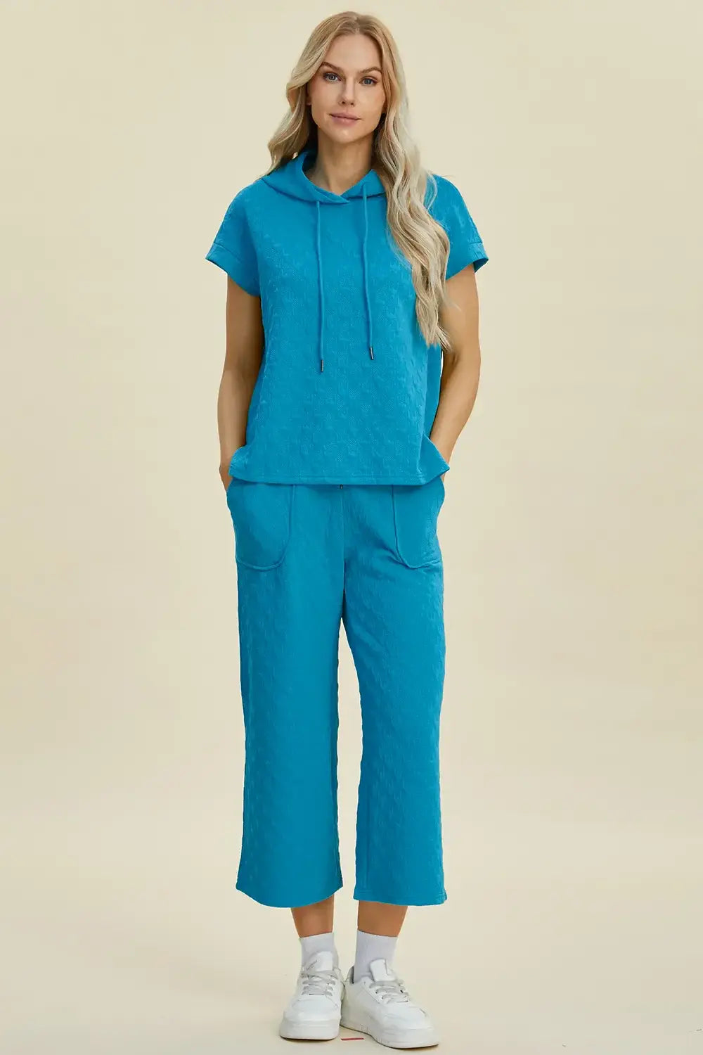 Double Take Full Size Texture Drawstring Short Sleeve Hoodie and Pocketed Pants Set - Trendsi - Flyclothing LLC