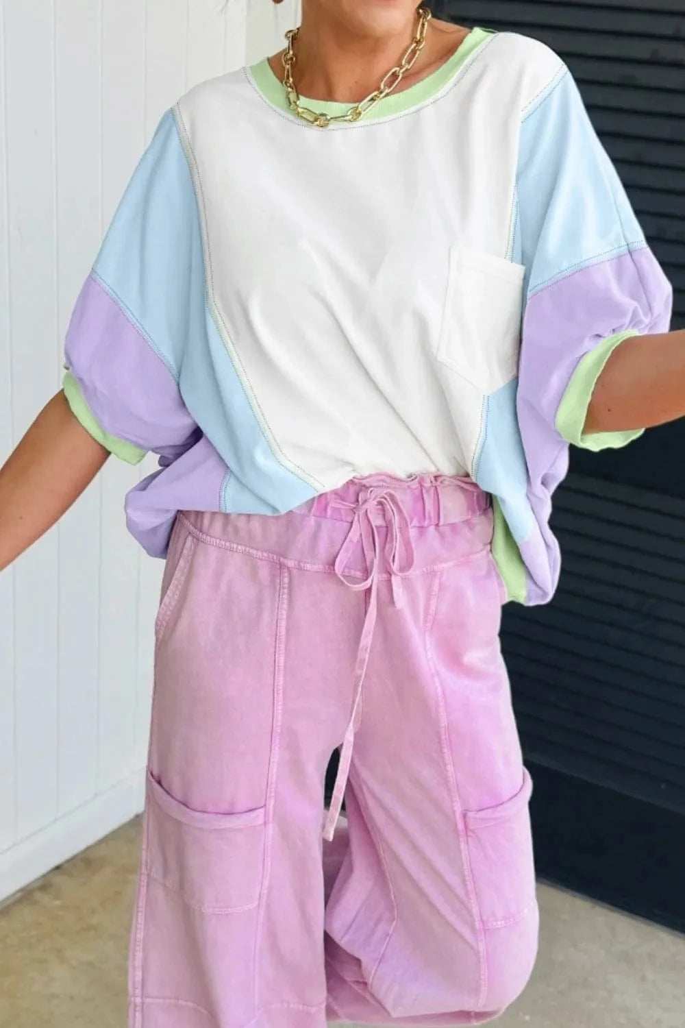 Color Block Patchwork Half Sleeve Oversized T Shirt - Trendsi - Flyclothing LLC