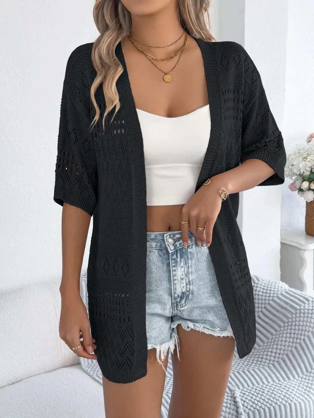 Openwork Open Front Half Sleeve Cardigan - Trendsi - Flyclothing LLC
