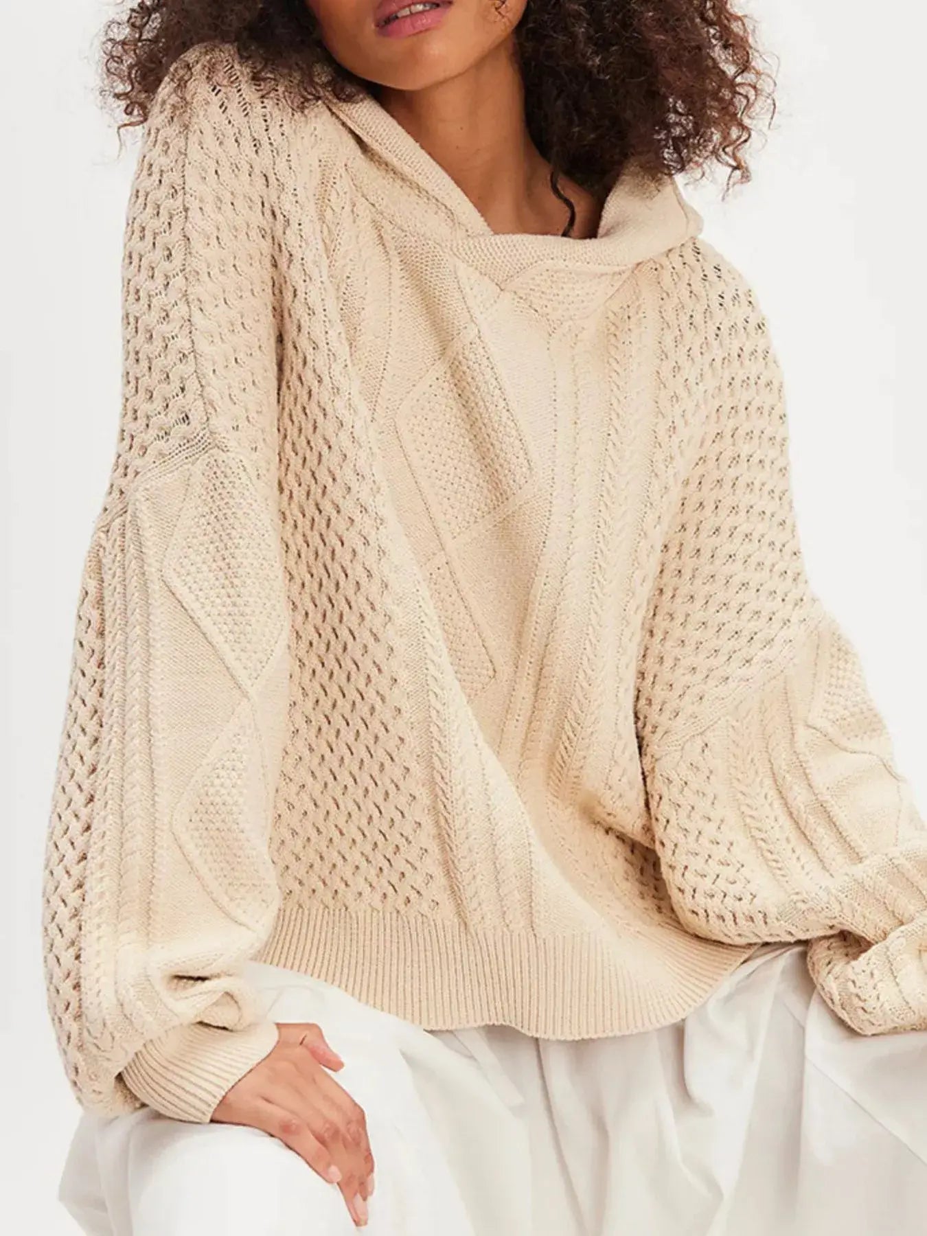 Texture Knit Long Sleeve Hooded Sweater - Trendsi - Flyclothing LLC