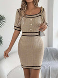 Decorative Button Short Sleeve Sweater Dress - Trendsi - Flyclothing LLC