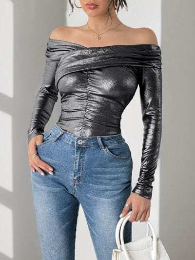 Perfee Ruched Off-Shoulder Long Sleeve Bodysuit - Trendsi - Flyclothing LLC