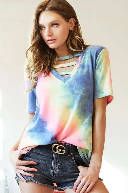 BiBi Tie-Dye V-Neck Short Sleeve T-Shirt - Trendsi - Flyclothing LLC