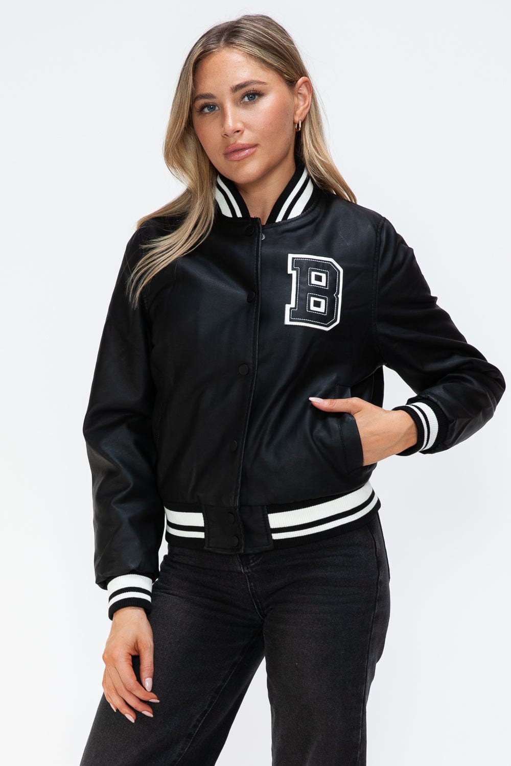 Love Me Now PU Leather Contrast Snap Down Bomber Jacket - Trendsi